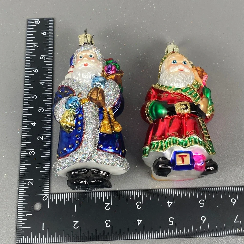 Old World Christmas 2 Santa Claus Glass Holiday Glitter Ornaments Blue & Red